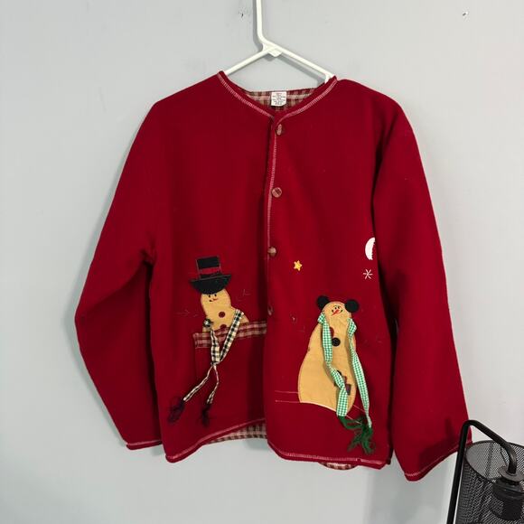 Vintage Take Two Button Down Cardigan Sweater Christmas Snowmen Winter Sz Large - Picture 1 of 11